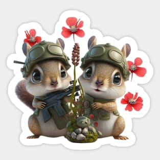 The brave squirrel soldier with a weapon, flowers, and helmet Sticker